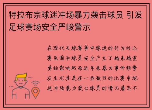 特拉布宗球迷冲场暴力袭击球员 引发足球赛场安全严峻警示