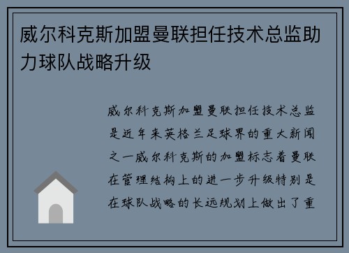 威尔科克斯加盟曼联担任技术总监助力球队战略升级